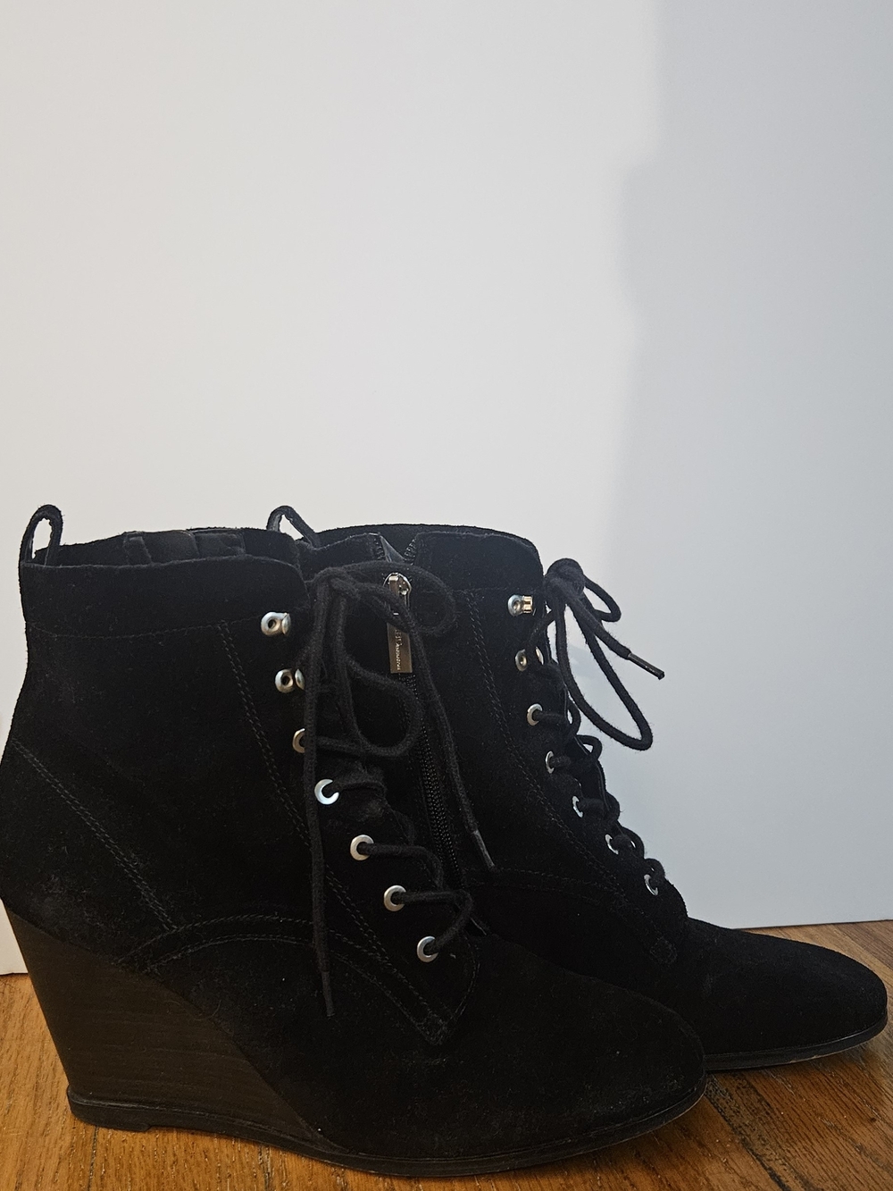 BCBG Black Suede Lace-Up Wedge Ankle Boots
